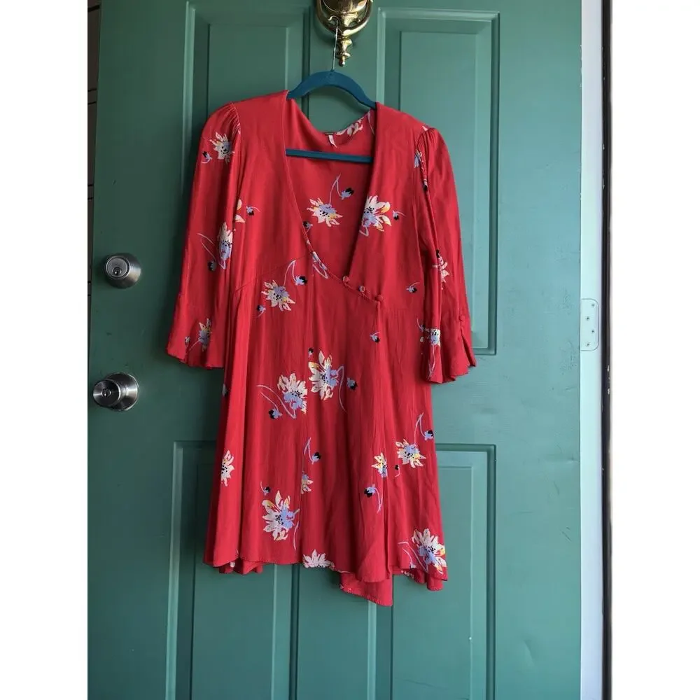 Free People Medium Time on My Side Red Floral Wrap Dress